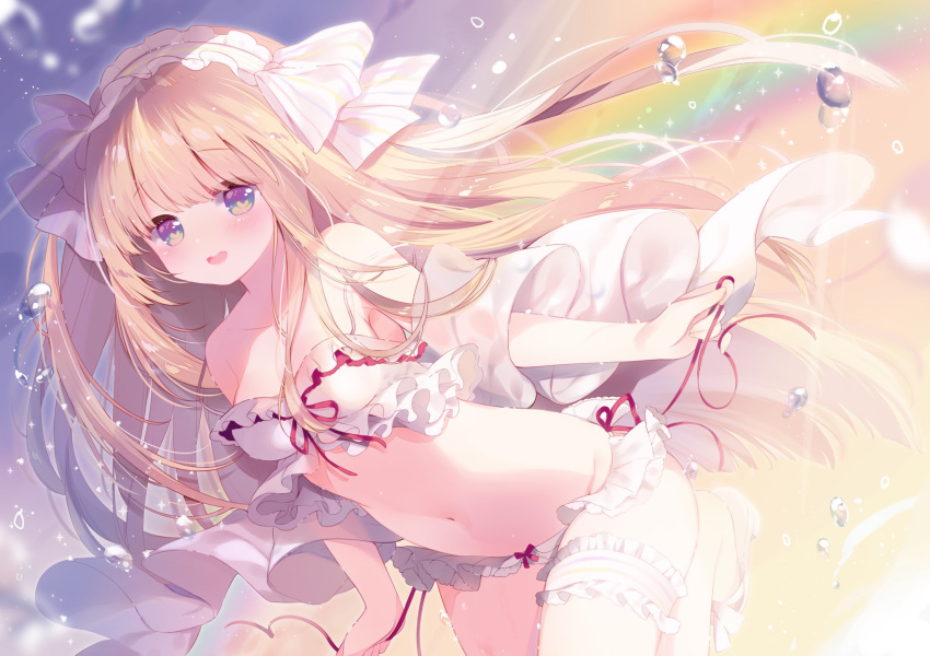 1girl :d ame_usari arched_back bangs bare_shoulders blonde_hair bow bow_panties breasts commentary_request copyright_request eyebrows_visible_through_hair frilled_hairband frills hair_bow hairband highres leg_garter long_hair medium_breasts navel open_mouth panties purple_eyes rainbow red_ribbon ribbon round_teeth side-tie_panties smile solo sparkle striped striped_bow teeth underwear upper_teeth very_long_hair water_drop white_bow white_panties