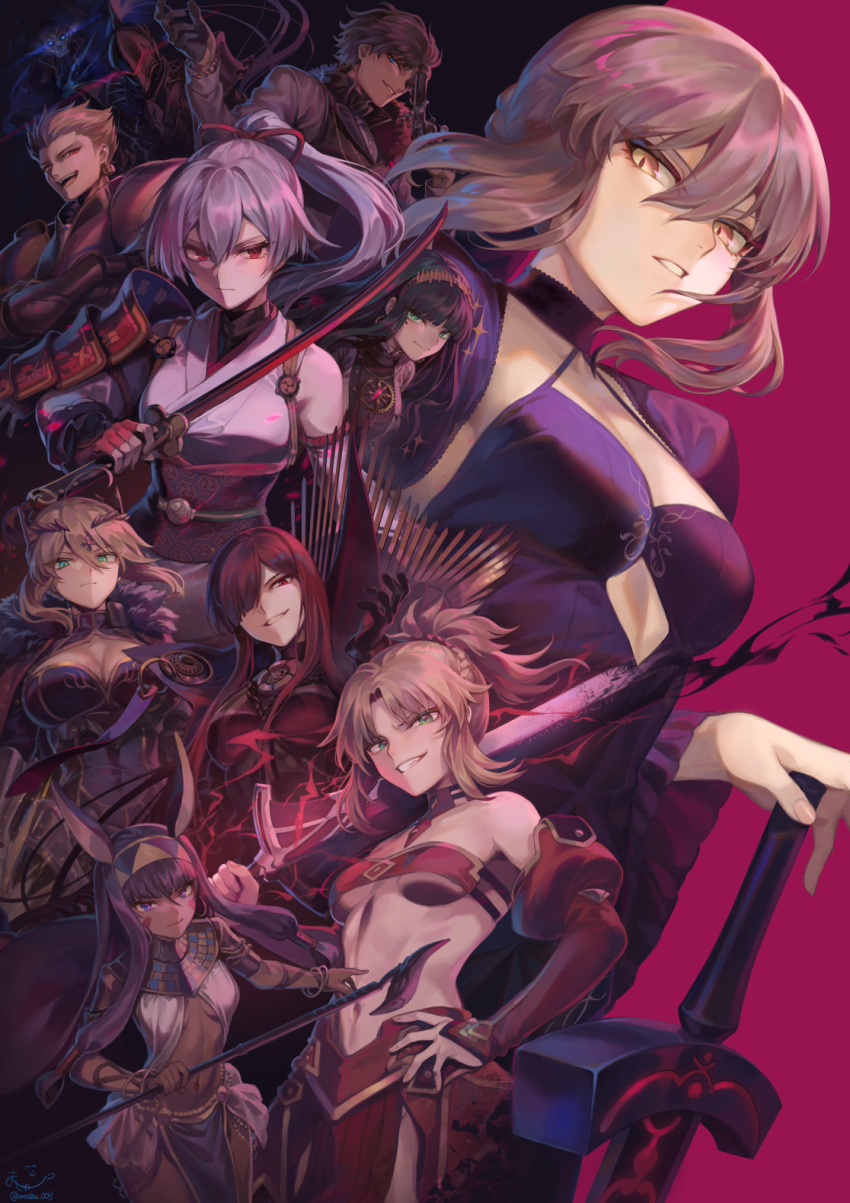 4boys 6+girls :d ahoge animal_ears armor artoria_pendragon_(all) artoria_pendragon_(lancer_alter) bangs bare_shoulders berserker_(fate/zero) black_hair blonde_hair blue_hakama braid breasts cape choker cleavage cloak dark_excalibur dark_skin detached_sleeves dress earrings expressionless facial_mark fate/grand_order fate_(series) full_armor gilgamesh gloves glowing glowing_eyes green_eyes grin hair_between_eyes hair_ornament hair_ribbon hair_scrunchie hairband hakama hand_on_hilt hand_on_hip helmet highres holding hoop_earrings horns jackal_ears japanese_armor japanese_clothes jewelry kimono king_hassan_(fate/grand_order) knight kote large_breasts long_hair looking_at_viewer mashuu_(neko_no_oyashiro) medium_breasts mordred_(fate) mordred_(fate)_(all) multiple_boys multiple_girls necklace nitocris_(fate/grand_order) obi oda_nobunaga_(fate) oda_nobunaga_(fate)_(all) open_mouth pelvic_curtain ponytail purple_dress purple_eyes purple_hair red_eyes red_scrunchie ribbon saber_alter sash scrunchie sidelocks silver_hair skull small_breasts smile sword tomoe_gozen_(fate/grand_order) very_long_hair weapon white_kimono wide_sleeves yellow_eyes