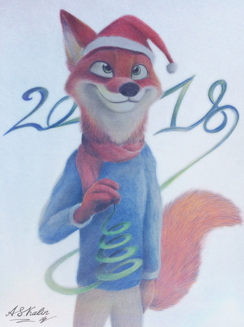 2017 absurd_res anthro askalin black_nose bottomwear canid canine christmas clothed clothing disney fluffy fluffy_tail fox fully_clothed fur green_eyes hat headgear headwear hi_res holidays mammal nick_wilde one_ear_up pants red_body red_fox red_fur santa_hat scarf smile solo standing sweater topwear white_body white_fur zootopia