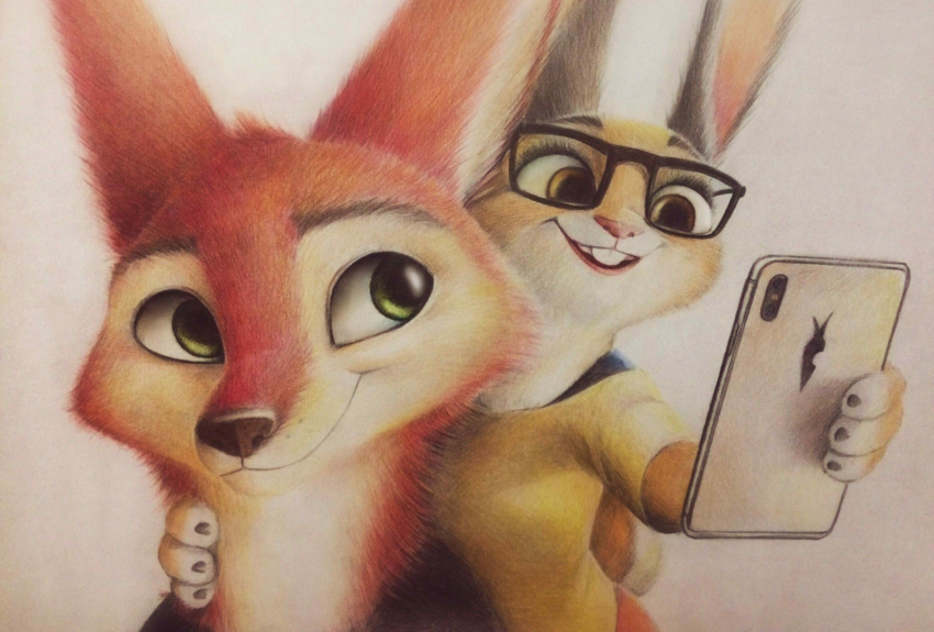 2019 absurd_res anthro askalin black_nose brown_eyes buckteeth canid canine cellphone cider_(ciderbunart) clothed clothing disney duo eyewear fox fur glasses green_eyes hi_res holding_cellphone holding_object holding_phone lagomorph leporid mammal phone pink_nose pointedfox_(character) rabbit red_body red_fox red_fur shirt smile t-shirt tan_body tan_fur teeth topwear white_body white_fur zootopia