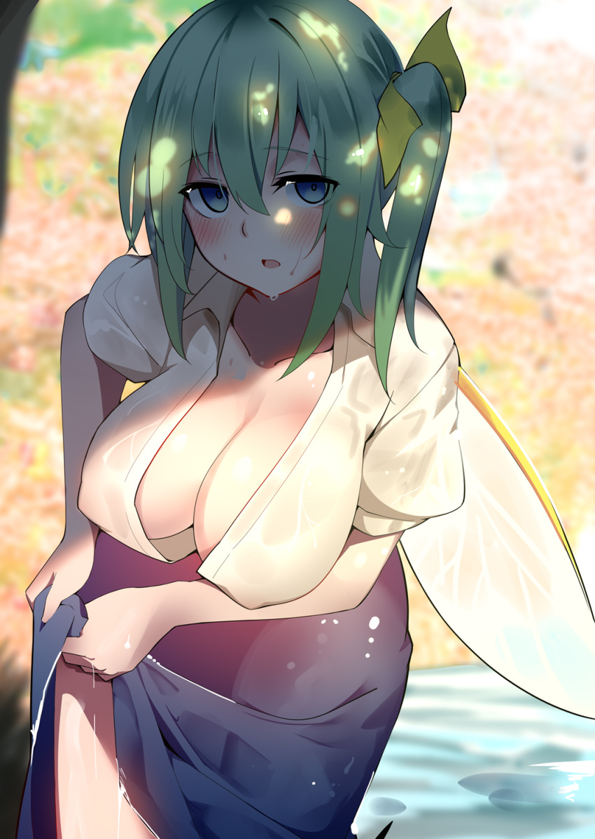 1girl bangs blue_eyes blue_skirt blush breasts cleavage collarbone commentary_request cowboy_shot daiyousei eyebrows_visible_through_hair fairy fairy_wings green_hair hair_between_eyes highres large_breasts leaning_forward lifted_by_self long_hair looking_at_viewer older open_clothes open_mouth open_shirt outdoors parted_lips puffy_short_sleeves puffy_sleeves shade shirt short_sleeves side_ponytail sidelocks skirt skirt_lift solo standing touhou warashi water wet wet_clothes wet_shirt white_shirt wings wringing_clothes wringing_skirt