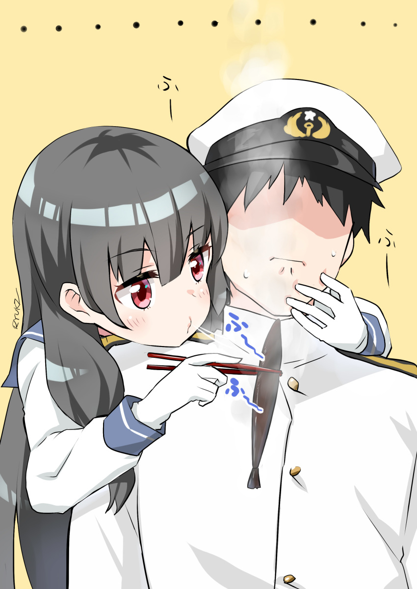 1boy 1girl absurdres admiral_(kantai_collection) arm_around_neck bangs black_hair blowing blush burnt_hair closed_mouth commentary_request disgust eyebrows_visible_through_hair faceless faceless_male frown gloves highres isokaze_(kantai_collection) kantai_collection long_hair long_sleeves military military_uniform naval_uniform red_eyes ryuki_(ryukisukune) signature simple_background steam uniform upper_body white_gloves white_headwear yellow_background