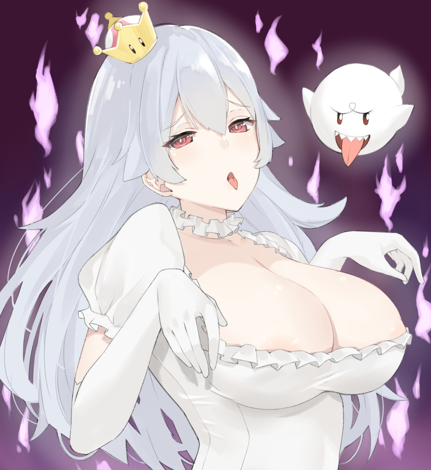 1girl :d absurdres areola_slip areolae bangs boo breasts choker cleavage collar collarbone covered_nipples crown dress eyebrows_visible_through_hair frilled_collar frilled_dress frilled_gloves frills ghost_pose gloves hair_between_eyes half-closed_eyes hands_up highres hitodama j@ck large_breasts long_hair looking_at_viewer luigi's_mansion mario_(series) mini_crown new_super_mario_bros._u_deluxe open_mouth paid_reward patreon_reward princess_king_boo puffy_short_sleeves puffy_sleeves red_eyes sharp_teeth short_sleeves sidelocks smile solo super_crown teeth tilted_headwear tongue tongue_out upper_body very_long_hair white_choker white_dress white_gloves white_hair