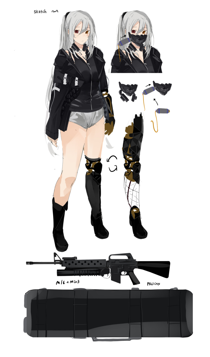 1girl artist_name assault_rifle bangs black_footwear black_jacket black_shirt boots breasts brown_eyes closed_mouth expressionless eyebrows_visible_through_hair full_body girls'_frontline grenade_launcher gun hair_between_eyes hair_ornament hairclip headphones headphones_around_neck heterochromia highres jacket jewelry long_hair looking_at_viewer m16 m16a1 m203 mask mechanical_arms mechanical_legs medallion necklace original ponytail red_eyes rifle scar scar_across_eye shirt shorts silver_hair single_mechanical_arm single_mechanical_leg solo standing sutekina_awa underbarrel_grenade_launcher weapon weapon_case white_background white_shorts
