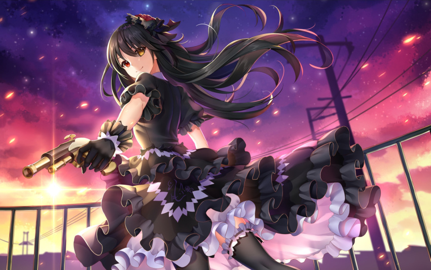 bicolored_eyes black_hair cropped date_a_live dress gloves goth-loli gun lolita_fashion long_hair night thighhighs tokisaki_kurumi weapon yue_xiao_e