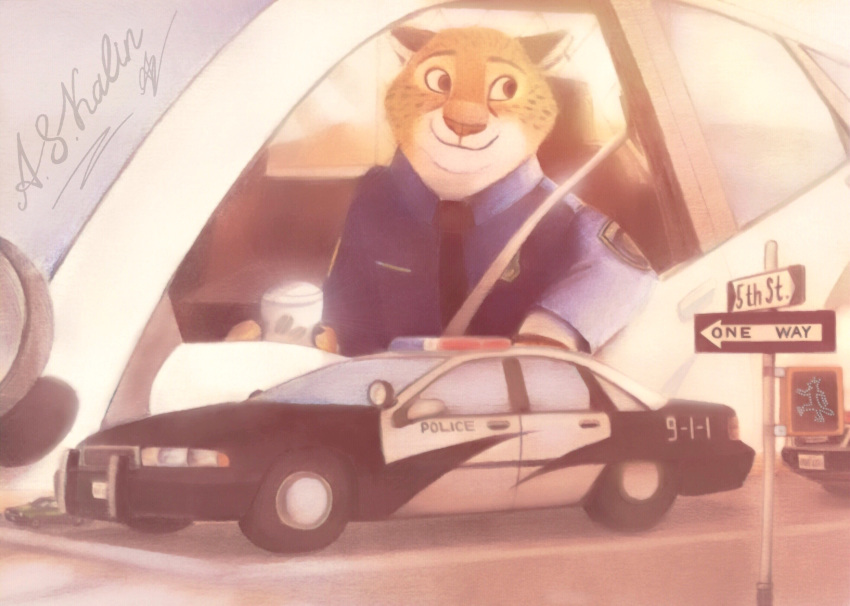 2018 anthro askalin benjamin_clawhauser brown_spots car cheetah clothing disney driving felid feline fur hi_res holding_object inside_car mammal necktie police_uniform shirt smile solo spots spotted_body spotted_fur street topwear uniform vehicle white_body white_fur yellow_body yellow_fur zootopia