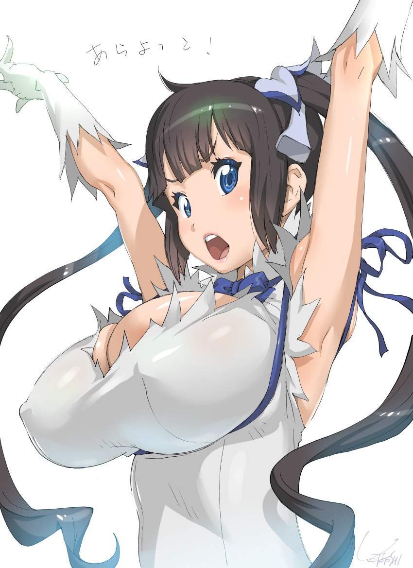 1girl arms_up black_hair blue_eyes blue_ribbon breasts cleavage_cutout commentary_request covered_nipples dress dungeon_ni_deai_wo_motomeru_no_wa_machigatteiru_darou_ka gloves hestia_(danmachi) highres huge_breasts kotoyoshi_yumisuke long_hair looking_at_viewer rei_no_himo ribbon simple_background solo twintails upper_body white_background white_dress white_gloves