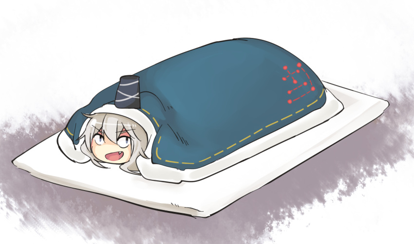 1girl eyebrows_visible_through_hair fang fang_out from_above futon grey_eyes grey_hair hair_between_eyes hat highres looking_away looking_back lying mononobe_no_futo on_stomach open_mouth pun simple_background smile solo touhou vento