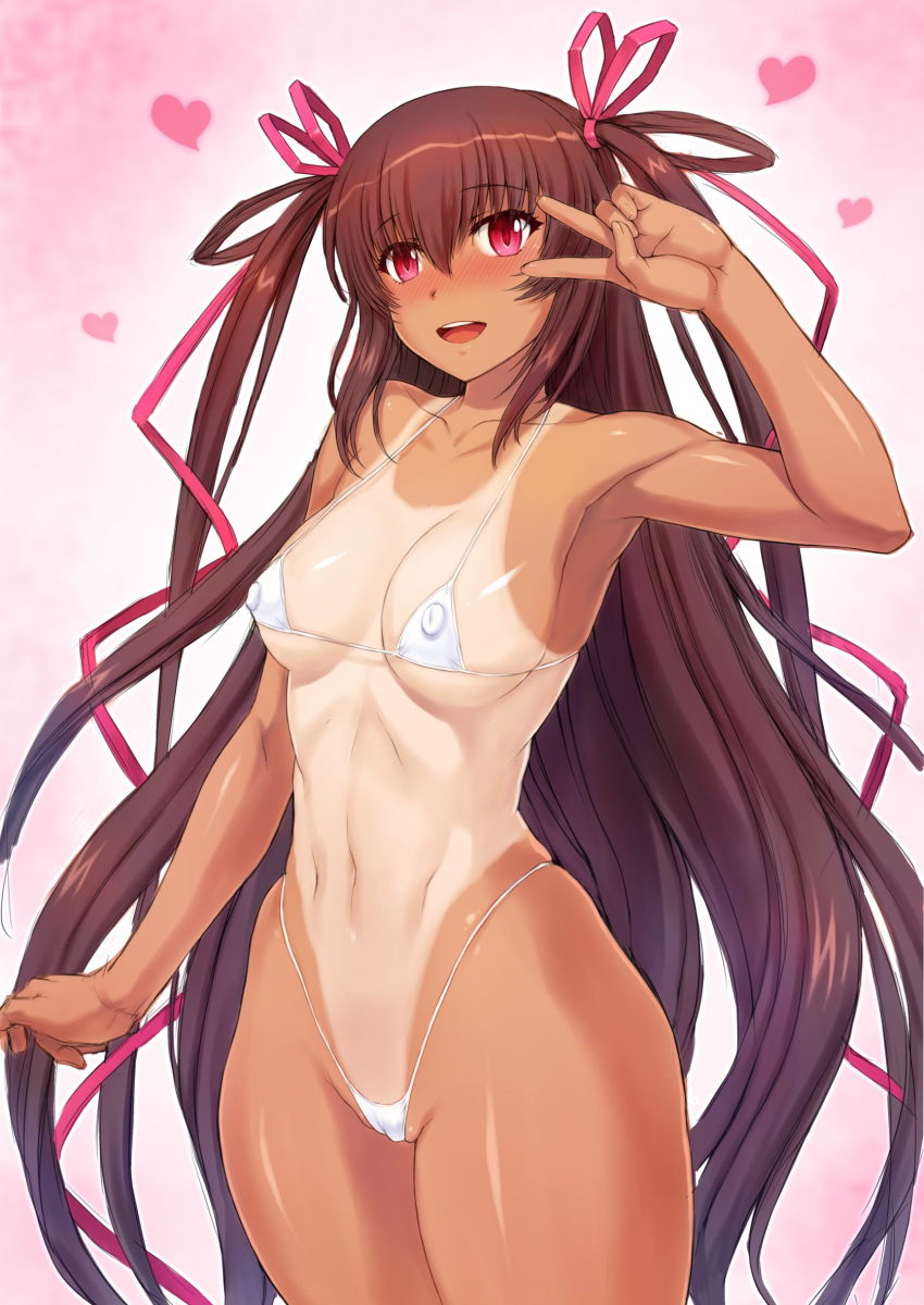 1girl bikini blush breasts brown_hair cameltoe covered_nipples hair_ribbon highres long_hair looking_at_viewer medium_breasts micro_bikini mizuki_yukikaze mogudan navel one-piece_tan open_mouth pink_eyes ribbon shiny shiny_hair shiny_skin skindentation smile solo standing swimsuit taimanin_(series) taimanin_yukikaze tan tanline teeth twintails white_bikini