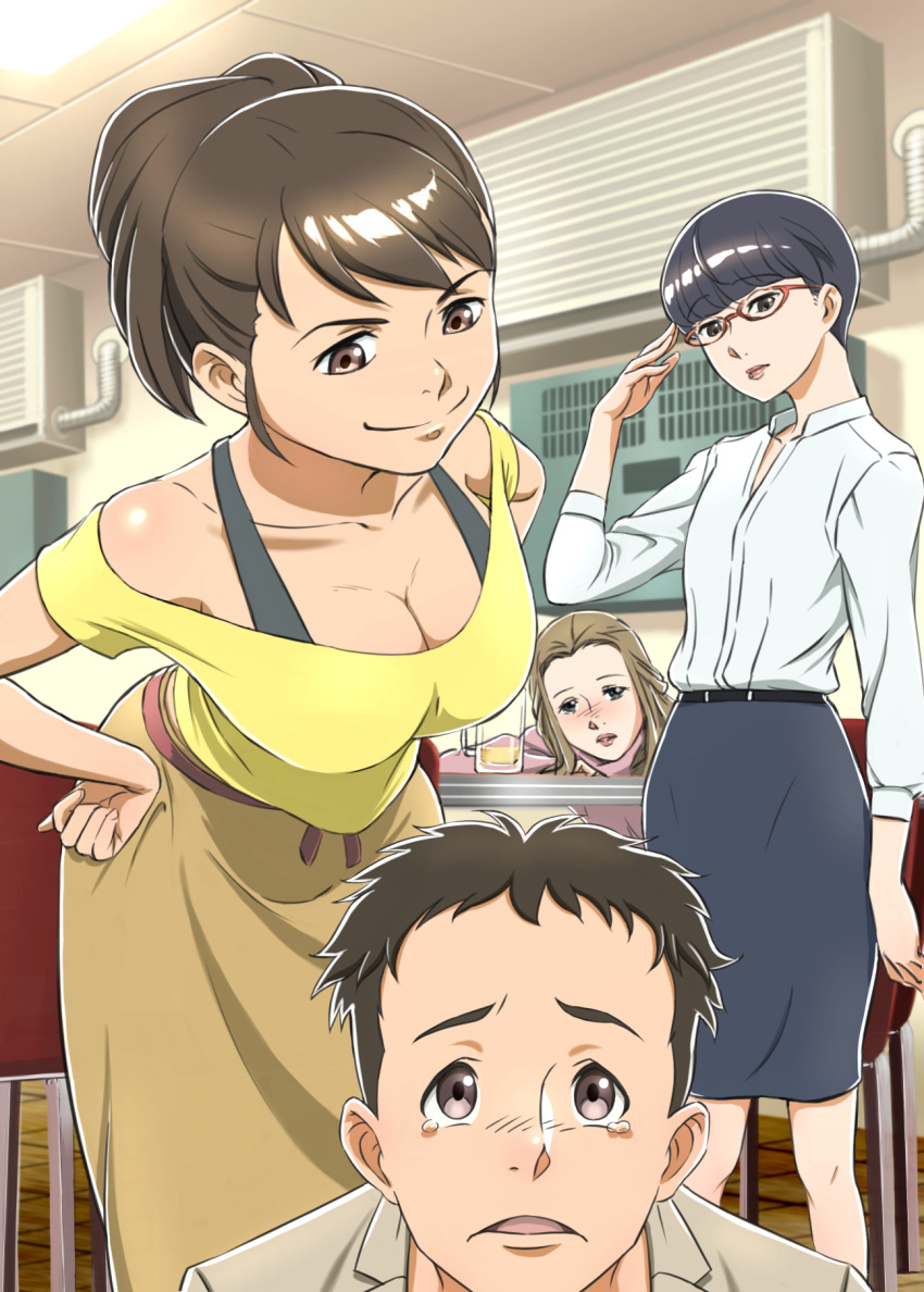 1boy 3girls alcohol black_hair breasts brown_hair chair glasses highres indoors leaning_forward long_sleeves making-of_available medium_breasts multiple_girls oshiyon red-framed_eyewear shirt short_hair skirt small_breasts smile sora_yori_mo_tooi_basho table tearing_up white_shirt