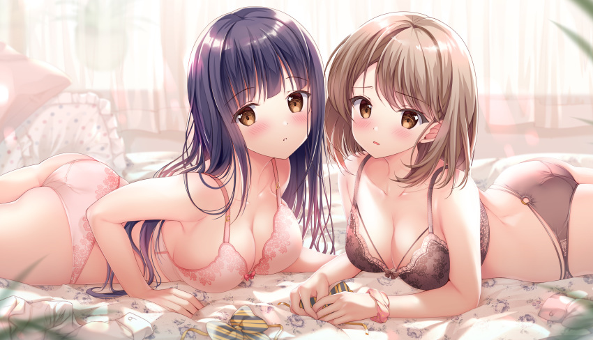 2girls absurdres armpits ass bare_arms bare_shoulders bed blue_hair blush bow bra breasts brown_bra brown_eyes brown_hair brown_panties cleavage collarbone curtains highres large_breasts lingerie long_hair looking_at_viewer lying medium_breasts multiple_girls nanami_yuuno on_bed on_stomach original panties parted_lips pillow pink_bra pink_panties scrunchie sousouman striped striped_bow underwear underwear_only wrist_scrunchie