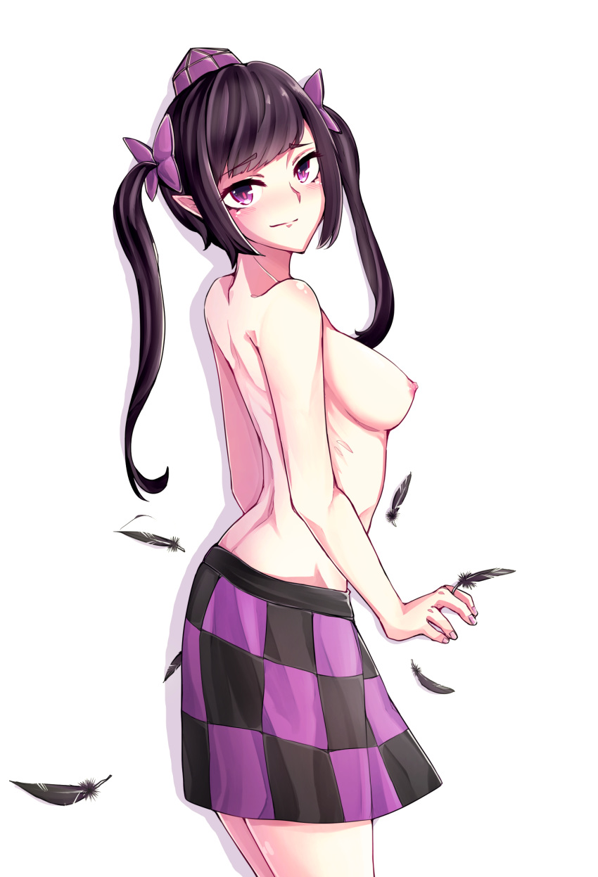 1girl ammonite_(488091) bangs black_hair black_skirt blush bow breasts checkered checkered_skirt cowboy_shot drop_shadow eyebrows_visible_through_hair feathers hair_bow hat highres himekaidou_hatate long_hair looking_at_viewer medium_breasts miniskirt nipples purple_bow purple_eyes purple_skirt simple_background skirt solo standing tokin_hat topless touhou twintails white_background