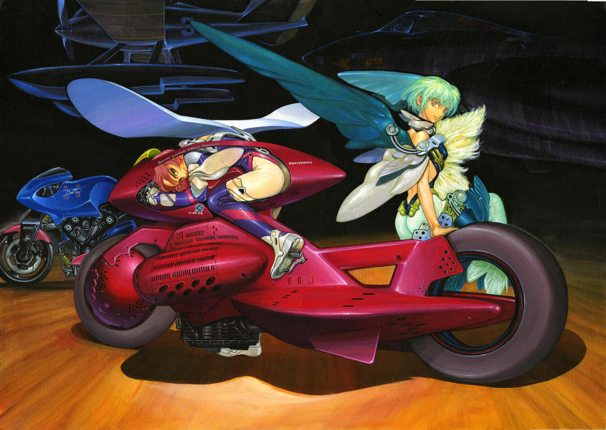 2girls 90s aircraft airplane backless_dress backless_outfit blue_hair bodysuit brown_eyes character_request commentary_request copyright_request dress fighter_jet full_body ground_vehicle highres jet mechanical_wings military military_vehicle motor_vehicle motorcycle multiple_girls pink_hair science_fiction traditional_media wings yonemura_kouichirou