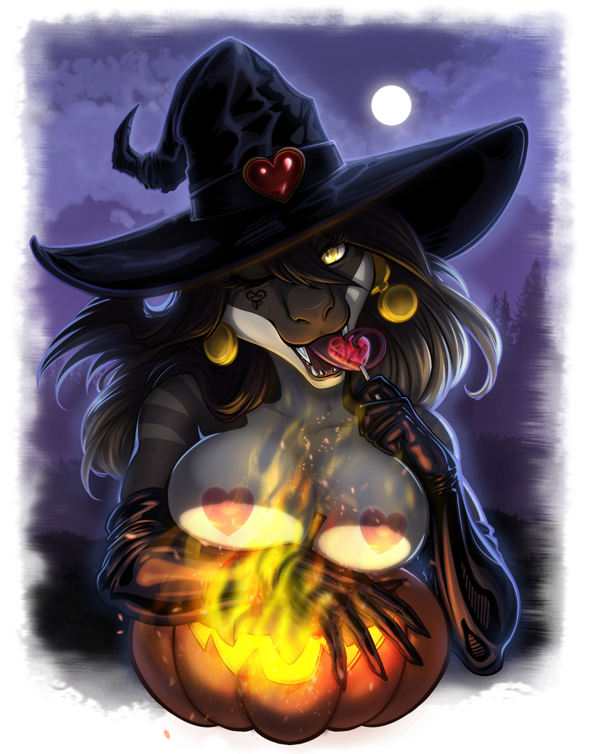 2019 anthro breasts brown_body brown_scales clothing digital_media_(artwork) halloween heterochromia hi_res holidays jack-o'-lantern long_tongue magic_user neerishia one_eye_closed open_mouth reptile scales scalie solo tongue unknown_artist witch