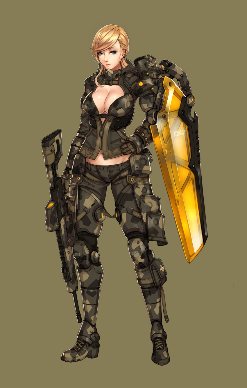 1girl absurdres assault_rifle blonde_hair blue_eyes breasts camouflage camouflage_gloves camouflage_pants cleavage commentary english_commentary full_body groin gun hand_on_hip highres hood hood_down large_breasts looking_at_viewer original pants pouch rifle solo standing weapon wei_(kaminari0411) zipper