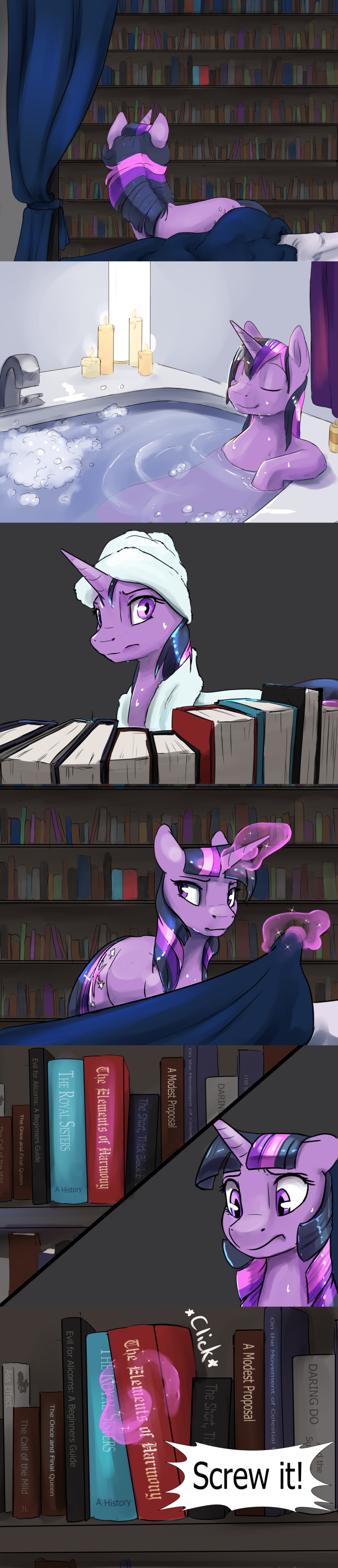 absurd_res bath bathing bed book bookshelf candle comic equid female friendship_is_magic furniture hair hi_res horn mammal messy_hair my_little_pony silfoe slit_pupils towel twilight_sparkle_(mlp) unicorn water wet wet_hair