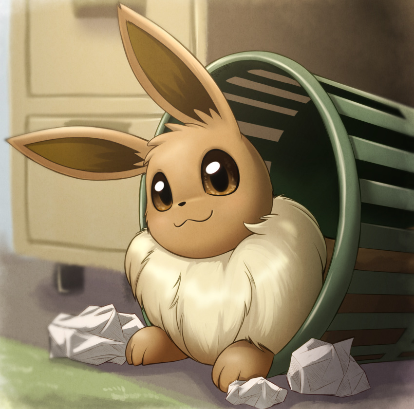 2019 :3 ambiguous_gender blurred_background brown_body brown_eyes brown_fur crumpled_paper detailed_background digital_media_(artwork) eevee feral filing_cabinet fluffy_mane fur green_rug head_tuft hi_res inside looking_at_viewer lying mane nintendo on_front otakuap paper pok&eacute;mon pok&eacute;mon_(species) rug smile solo trash trash_can tuft video_games