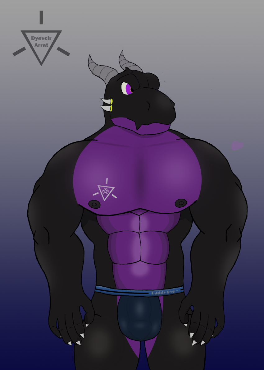 absurd_res anthro black_body black_scales bulge clothing digital_media_(artwork) dragon dyevclr dyevclr_arret fingers hi_res jockstrap male muscular muscular_male nipples pecs purple_body purple_scales scales scalie simple_background solo underwear