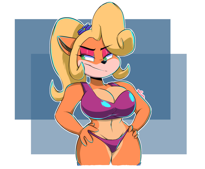 2019 accessory activision anthro bandicoot big_breasts bikini black_nose blonde_hair blue_flower breasts cleavage clothed clothing coco_bandicoot crash_bandicoot_(series) curled_hair digital_media_(artwork) eyebrows eyelashes eyeshadow female flower flower_in_hair fur green_eyes hair hair_accessory hands_on_hips hi_res lbqueen-222 long_hair makeup mammal marsupial navel plant ponytail purple_bikini simple_background smile solo standing swimwear thick_thighs video_games