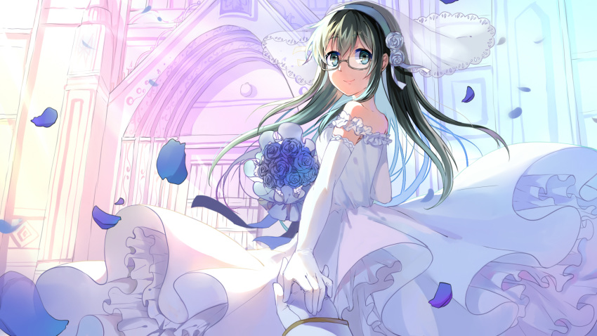 1boy 1girl admiral_(kantai_collection) alternate_costume black_hair blue_eyes blue_flower blue_rose blush bridal_veil cathedral dress elbow_gloves eyebrows_visible_through_hair flower frills glasses gloves hair_between_eyes hair_ornament hairband highres kantai_collection long_hair looking_at_viewer ooyodo_(kantai_collection) rose semi-rimless_eyewear smile under-rim_eyewear veil wedding_dress white_dress yuxuekeith