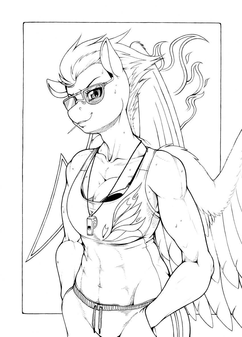 abs absurd_res anthro anthrofied athletic aviator_glasses aviators blush bodily_fluids bra breasts cleavage clothed clothing equid equine eyewear female friendship_is_magic hands_in_pockets hi_res line_art longinius looking_at_viewer mammal monochrome muscular muscular_female my_little_pony onginius pockets pterippus solo spitfire_(mlp) sports_bra sunglasses sweat toned_female toothpick traditional_media_(artwork) underwear whistle wings wonderbolts_(mlp)