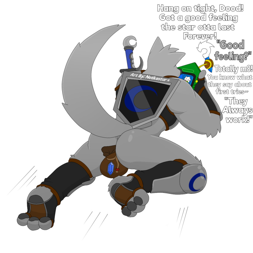 1:1 alpha_channel anthro bottomless butt canid canine canis clothed clothing digital_media_(artwork) duo english_text fur gba hair hi_res male mammal max_(character) melee_weapon muscular muscular_male notkastar rainbow rupee sack shield signature simple_background smile star sword text topwear vertical_bar_eyes vest weapon wolf zatch_(character) zelda_wind_waker