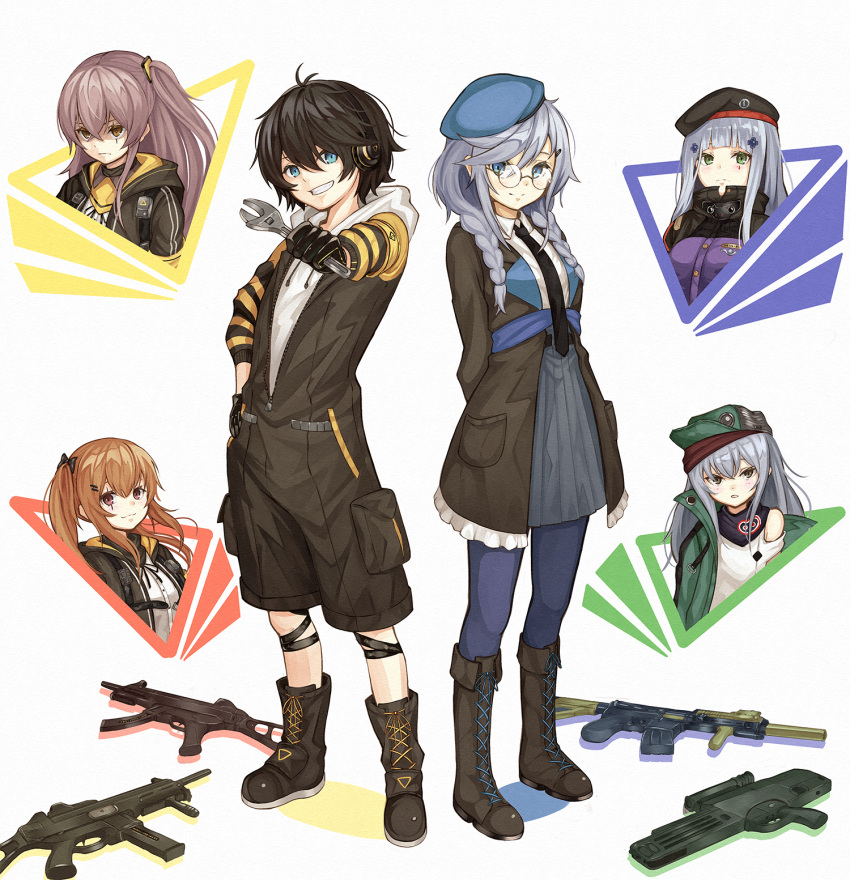 1boy 404_(girls_frontline) 5girls assault_rifle beret black_hair boots brother_and_sister brown_hair commentary_request deele_(girls_frontline) g11_(girls_frontline) girls_frontline glasses grey_hair gun h&amp;k_g11 h&amp;k_hk416 h&amp;k_ump h&amp;k_ump45 h&amp;k_ump9 hat highres hk416_(girls_frontline) hood hoodie jacket multiple_girls necktie numazume rifle scar scar_across_eye seele_(girls_frontline) shorts siblings side_ponytail silver_hair sisters skirt smile submachine_gun twins twintails ump45_(girls_frontline) ump9_(girls_frontline) weapon wrench