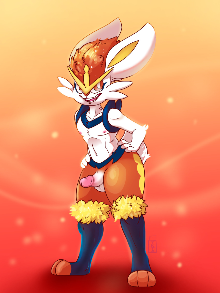 anthro cinderace erection glistening hi_res humanoid_penis lagomorph leporid male mammal nintendo nipples penis pok&eacute;mon pok&eacute;mon_(species) pose rabbit signature simple_background smile video_games