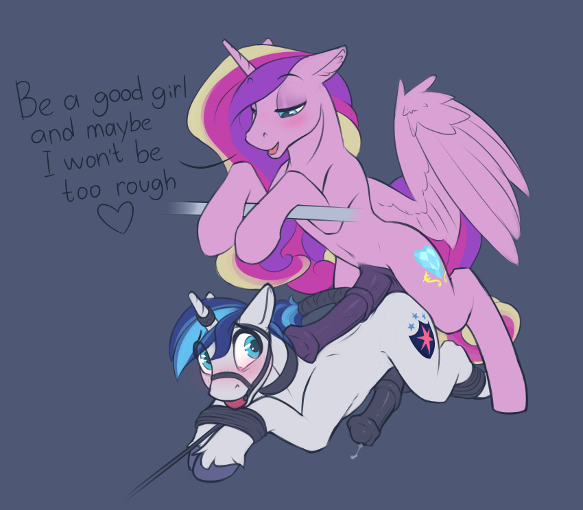 2019 absurd_res animal_genitalia animal_penis ball_gag balls bdsm blush bondage bound crossgender cutie_mark dialogue duo english_text equid equine_penis feral friendship_is_magic gag half-closed_eyes hi_res horn male mammal my_little_pony penis phenyanyanya princess_cadance_(mlp) shining_armor_(mlp) simple_background text unicorn winged_unicorn wings