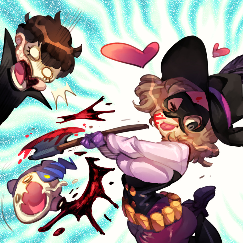 1boy 1girl 1other ;p amamiya_ren axe blood blood_on_face bloody_weapon breasts brown_hair chibi commentary death decapitation domino_mask english_commentary gloves guro hat heart jack_frost large_breasts mask o_o okumura_haru one_eye_closed persona persona_5 purple_gloves rafchu severed_head short_hair tongue tongue_out weapon wide-eyed witch_hat