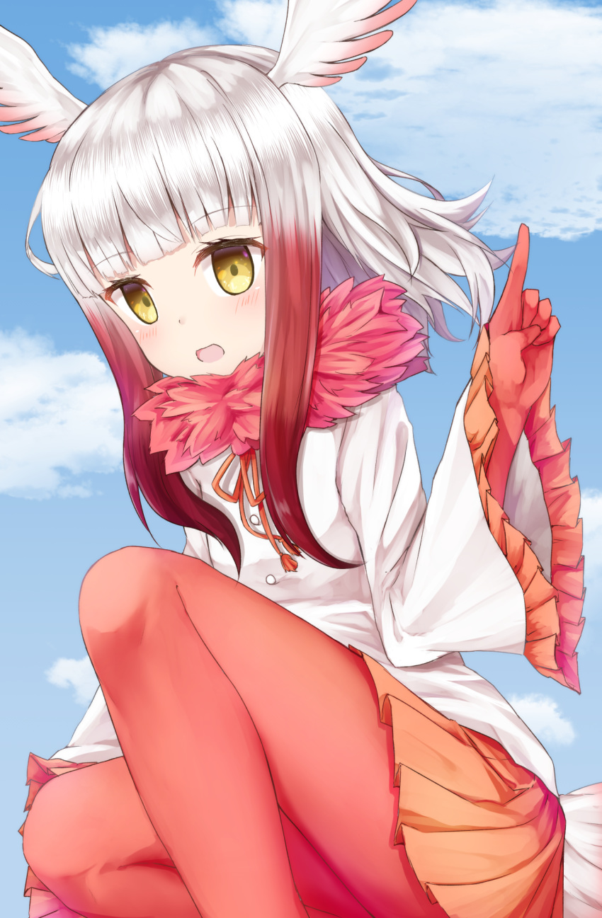 1girl bangs bird_tail blouse blue_sky blunt_bangs cloud cloudy_sky commentary_request day eyebrows_visible_through_hair frilled_sleeves frills fur_collar gloves head_wings highres japanese_crested_ibis_(kemono_friends) kemono_friends legs long_hair long_sleeves looking_at_viewer multicolored_hair nenosame open_mouth outdoors pantyhose partial_commentary pleated_skirt pointing pointing_up red_hair red_legwear skirt sky smile solo squatting white_blouse white_hair wide_sleeves yellow_eyes