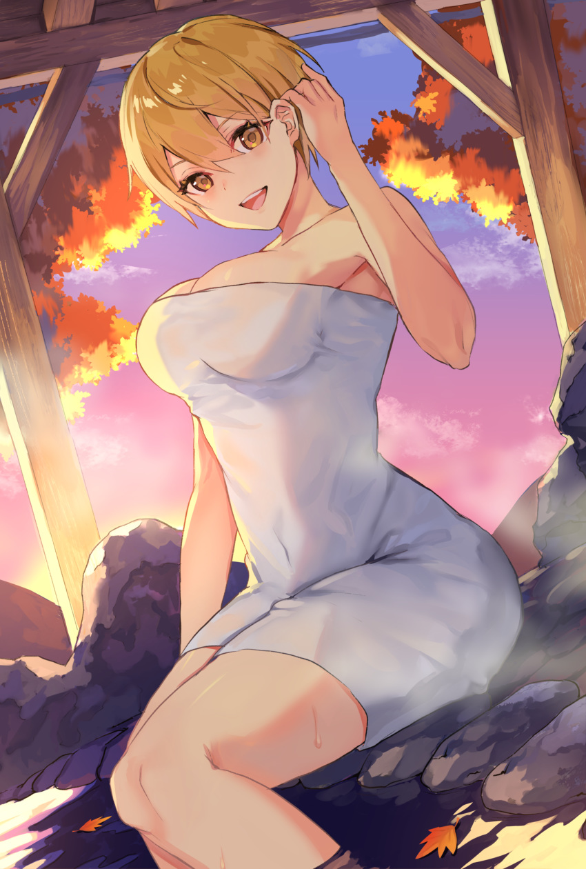 1girl :d absurdres autumn autumn_leaves backlighting bangs blonde_hair blush breasts brown_eyes cloud collarbone covered_navel dripping dutch_angle evening gradient_sky hair_between_eyes hair_tucking hand_up head_tilt highres huge_filesize impossible_towel large_breasts leaf looking_at_viewer naked_towel onsen open_mouth original outdoors purple_sky rock see-through shiny shiny_skin short_hair sitting sky smile soaking_feet solo steam sunlight suusuke towel water wet wet_towel