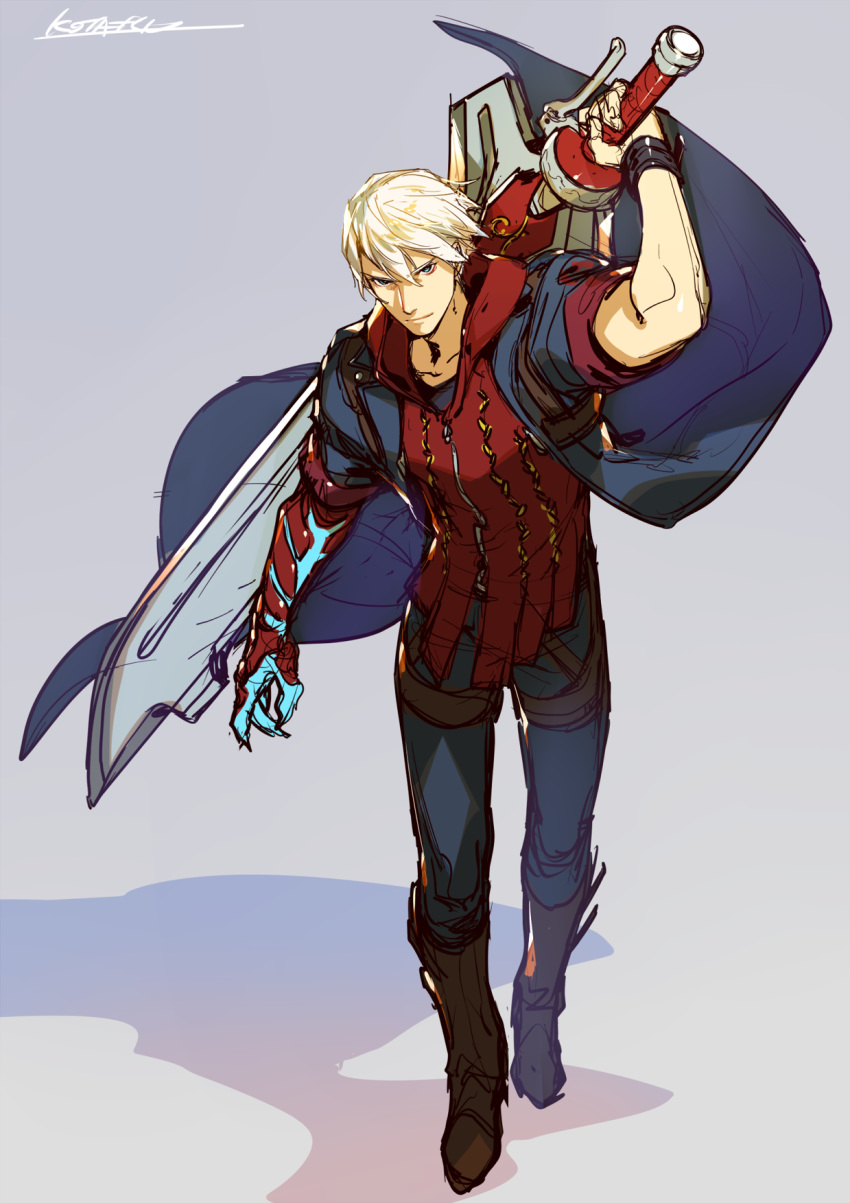 1boy blue_eyes coat devil_bringer devil_may_cry devil_may_cry_4 full_body glowing highres holding holding_sword holding_weapon hood hood_down huge_weapon kotatsu_(g-rough) long_coat male_focus nero_(devil_may_cry) open_clothes open_coat over_shoulder red_queen_(sword) solo sword weapon weapon_over_shoulder white_hair wind wind_lift