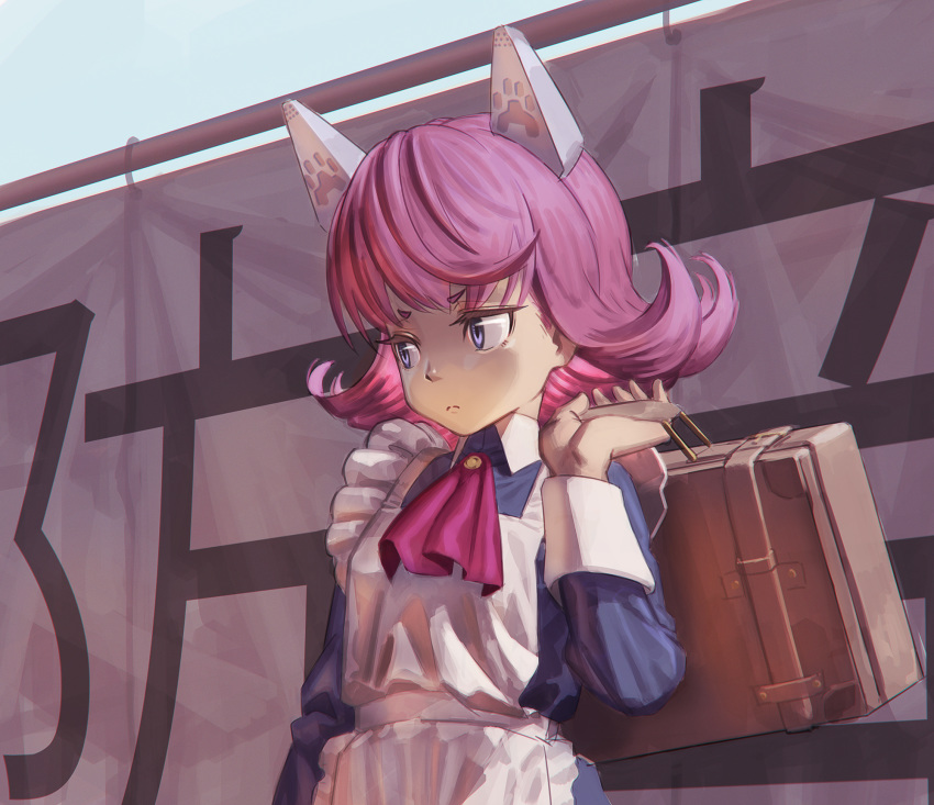 1girl apron ascot bangs blue_dress collared_dress commentary_request copyright_request dress eyebrows_visible_through_hair flipped_hair frilled_apron frills hand_up headgear highres hironii_(hirofactory) holding maid_apron pink_hair purple_eyes purple_neckwear solo suitcase upper_body white_apron