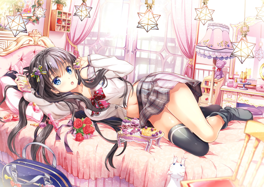 animal black_hair blue_eyes cat cropped food fujima_takuya long_hair original phone scan school_uniform thighhighs