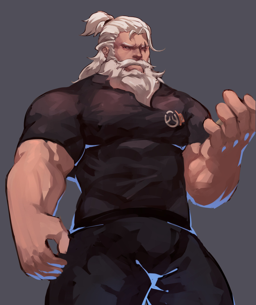 1boy absurdres bara beard black_pants black_shirt facial_hair grey_background guoguo hair_up highres looking_at_viewer male_focus muscle overwatch pants scar scar_across_eye shirt short_sleeves simple_background standing torbjorn_(overwatch) white_hair