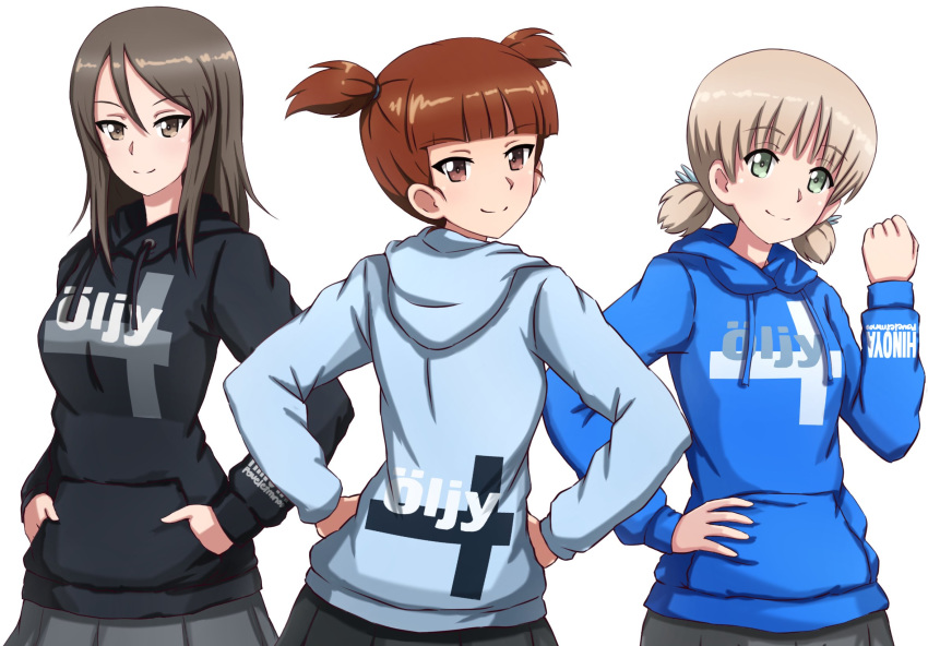 1girl aki_(girls_und_panzer) bangs black_shirt blue_shirt blue_skirt blunt_bangs brown_eyes brown_hair casual clenched_hand closed_mouth clothes_writing cowboy_shot drawstring eyebrows_visible_through_hair from_behind girls_und_panzer green_eyes grey_skirt hair_tie hand_on_hip hands_in_pockets hands_on_hips head_tilt highres hood hood_down hoodie light_brown_hair long_hair long_sleeves looking_at_viewer looking_back mika_(girls_und_panzer) mikko_(girls_und_panzer) miniskirt no_hat no_headwear omachi_(slabco) pants pants_under_skirt pleated_skirt red_eyes red_hair shirt short_hair short_twintails simple_background single_vertical_stripe skirt smile solo standing swedish_text swept_bangs track_pants twintails white_background