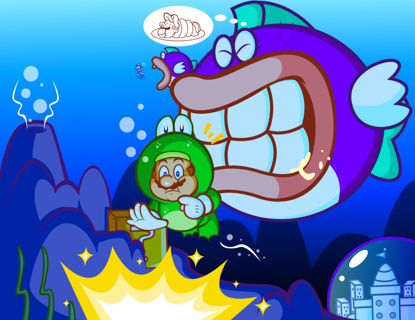 ?_block bubble castle cheep_chomp eyes_closed fish frog_mario hi_res human jamesmantheregenold luigi mammal marine mario mario_bros nintendo open_mouth purple_body purple_scales scales swimming underwater video_games water white_body white_scales