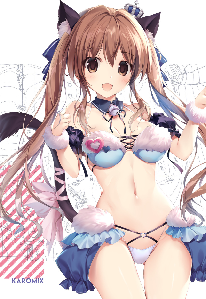 1girl :d animal_ears bell blue_bikini_top breasts brown_eyes brown_hair cat_ears cat_tail cleavage crown detached_collar fur_trim highres jingle_bell karory mini_crown open_mouth original smile tail twintails white_bikini_bottom
