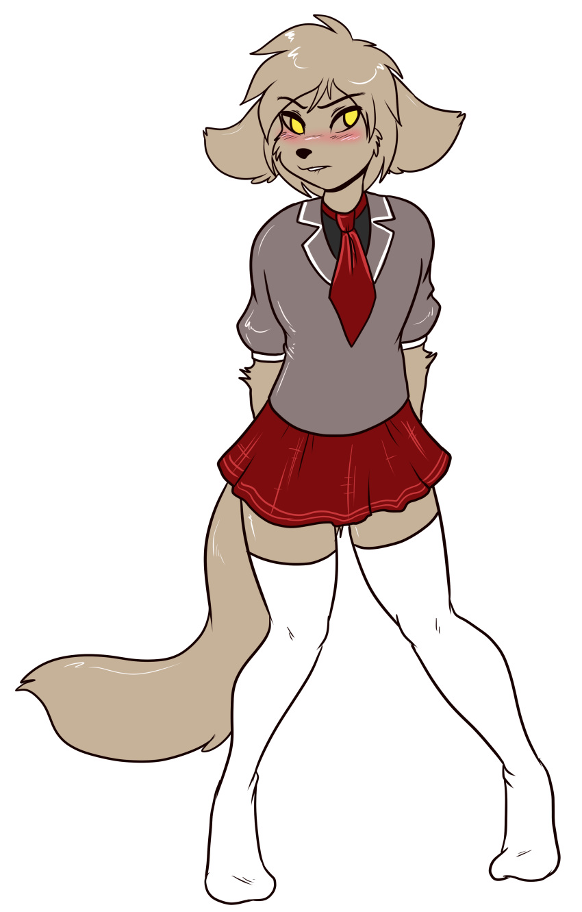 2016 absurd_res alpha_channel ambiguous_gender anthro basitin biped bite biting_lip biting_own_lip blush bottomwear brown_body brown_fur clothed clothing digital_media_(artwork) digitigrade fur hi_res keith_keiser legwear mammal school_uniform self_bite simple_background skidd skirt socks solo stockings thigh_highs transparent_background twokinds uniform webcomic yellow_eyes