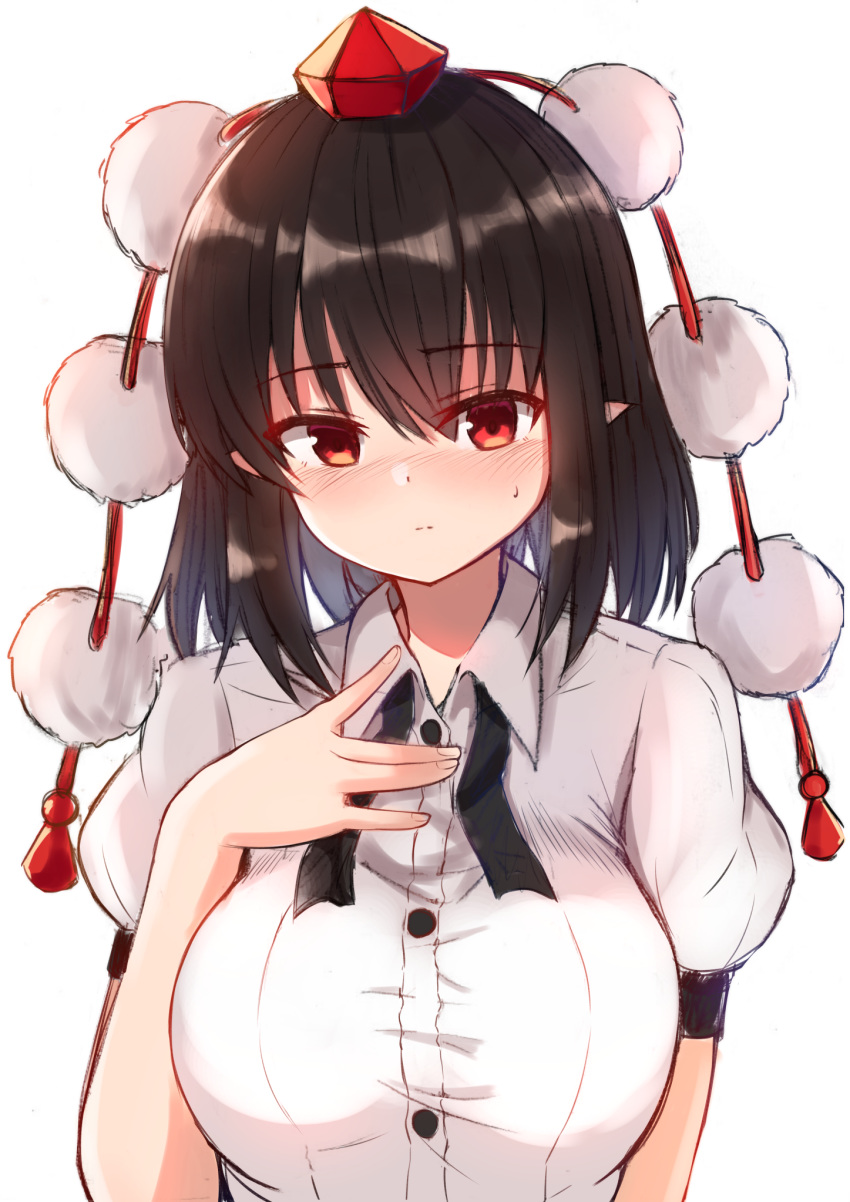 1girl bangs black_hair black_neckwear black_ribbon blush breasts commentary_request eyebrows_visible_through_hair hair_between_eyes hand_on_own_chest hand_up hat highres large_breasts looking_at_viewer neck_ribbon partial_commentary pointy_ears pom_pom_(clothes) puffy_short_sleeves puffy_sleeves red_eyes ribbon shameimaru_aya shirt short_hair short_sleeves simple_background solo tassel tksand tokin_hat touhou upper_body white_background white_shirt