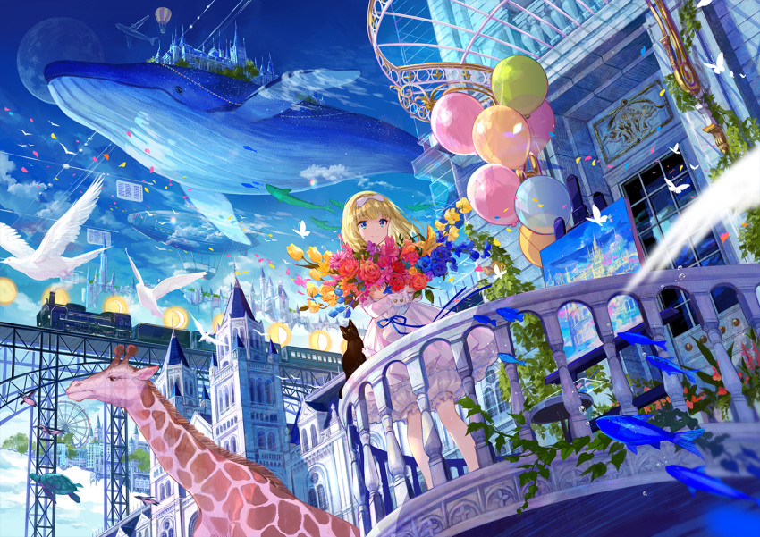 animal aqua_eyes blonde_hair bloomers bow building butterfly cat city clouds dress fish flowers fuji_choko headband leaves moon original penguin ribbons see_through short_hair sky train turtle