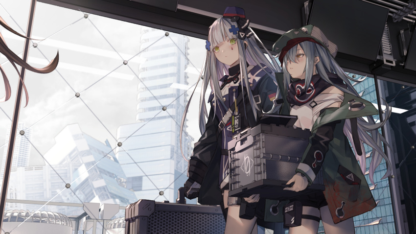 2girls 404_logo_(girls_frontline) blue_hair box building carrying city cityscape commentary_request g11_(girls_frontline) german_flag girls_frontline green_eyes hat highres hk416_(girls_frontline) iron_cross jacket long_hair looking_at_another messy_hair mini_hat miya-ki_(miya_key) mod3_(girls_frontline) multiple_girls scenery silver_hair suitcase window