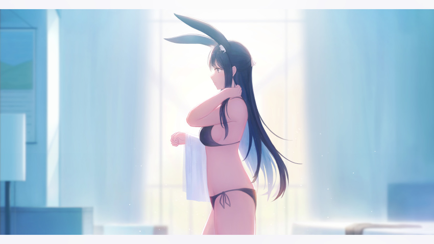 1girl absurdres animal_ear_fluff animal_ears black_bra black_hair black_panties blurry blurry_background blush bra breasts bunny_ears calendar_(object) clenched_hand cowboy_shot curtains day from_side hair_ribbon half_updo highres indoors lamp letterboxed long_hair medium_breasts original panties profile ribbon side-tie_panties sideboob sidelocks solo towel underwear underwear_only white_ribbon window yao_ren_gui