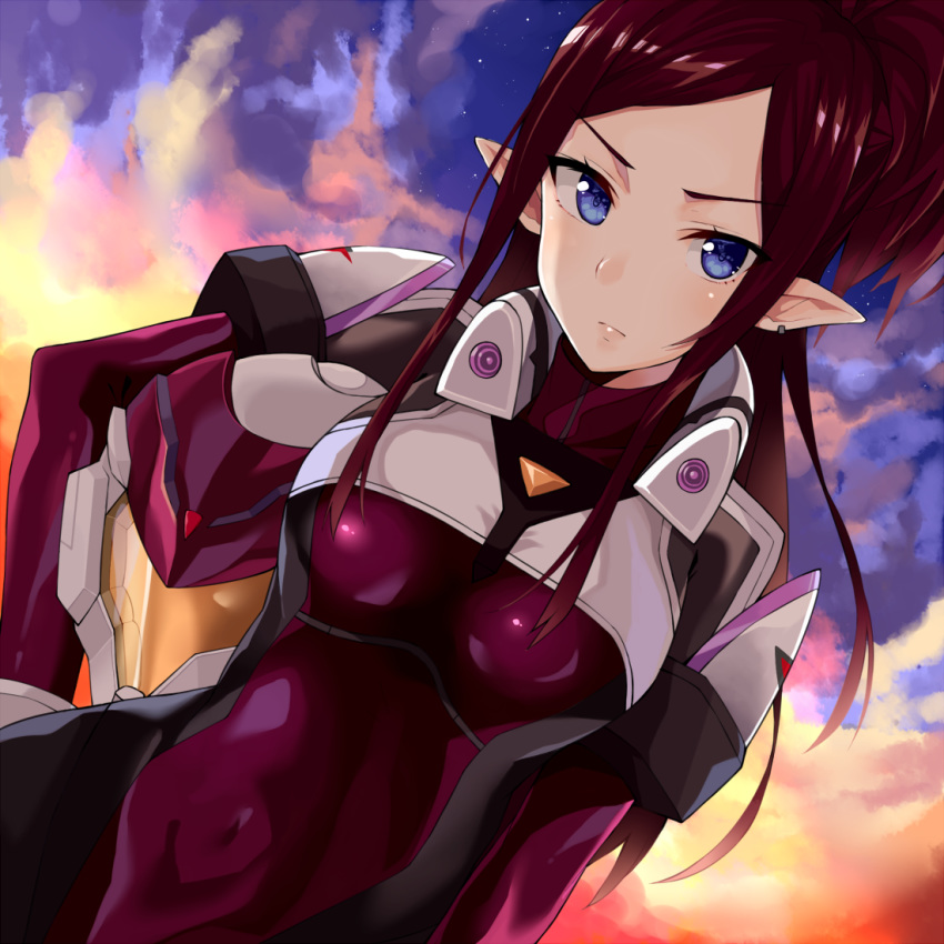 1girl bangs blue_eyes bodysuit breasts brown_hair carrying_under_arm closed_mouth cloud cloudy_sky covered_navel ear_piercing forehead gomashi_(goma) headwear_removed helmet helmet_removed long_hair looking_at_viewer macross macross_delta medium_breasts mirage_farina_jenius night night_sky outdoors parted_bangs piercing pilot_suit pointy_ears purple_bodysuit sidelocks sky solo star_(sky) upper_body v-shaped_eyebrows very_long_hair