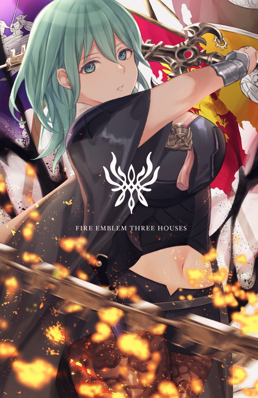 1girl black_cape black_shorts byleth_(fire_emblem) byleth_(fire_emblem)_(female) cape copyright_name fire_emblem fire_emblem:_three_houses green_eyes green_hair highres holding holding_sword holding_weapon hoshido1214 medium_hair navel navel_cutout pantyhose parted_lips short_shorts shorts solo sword upper_body weapon