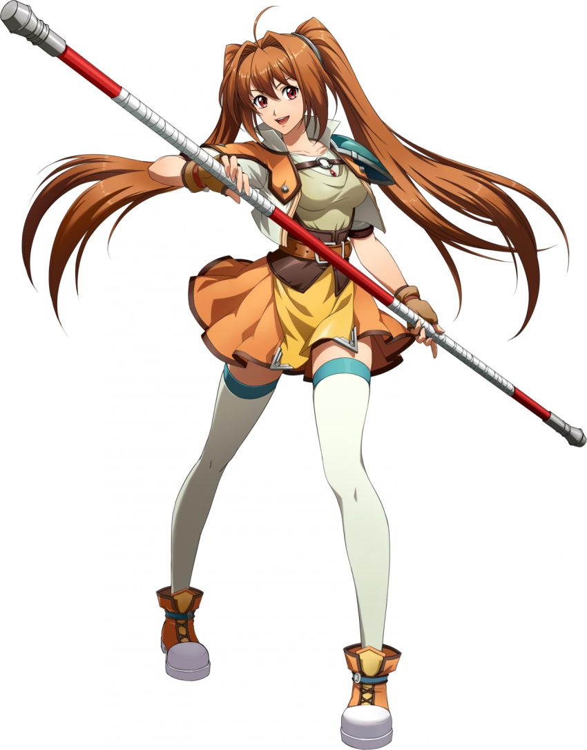 1girl braid brown_eyes brown_hair cropped_jacket crossover eiyuu_densetsu estelle_bright falcom fingerless_gloves full_body gloves hair_intakes highres holding holding_weapon jacket langrisser long_hair looking_at_viewer official_art open_mouth polearm popped_collar short_sleeves simple_background skirt solo sora_no_kiseki thighhighs twin_braids very_long_hair weapon white_background white_legwear zettai_ryouiki