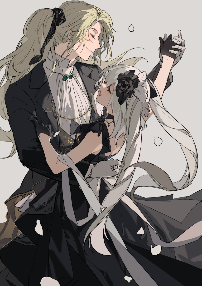 1boy 1girl absurdres arm_around_waist black_dress black_gloves blonde_hair closed_eyes dancing dress fate/grand_order fate_(series) flower formal gloves grey_background hair_flower hair_ornament hair_ribbon highres holding_hands long_hair marie_antoinette_(fate/grand_order) petals ribbon smile twintails very_long_hair white_gloves wolfgang_amadeus_mozart_(fate/grand_order) zhibuji_loom