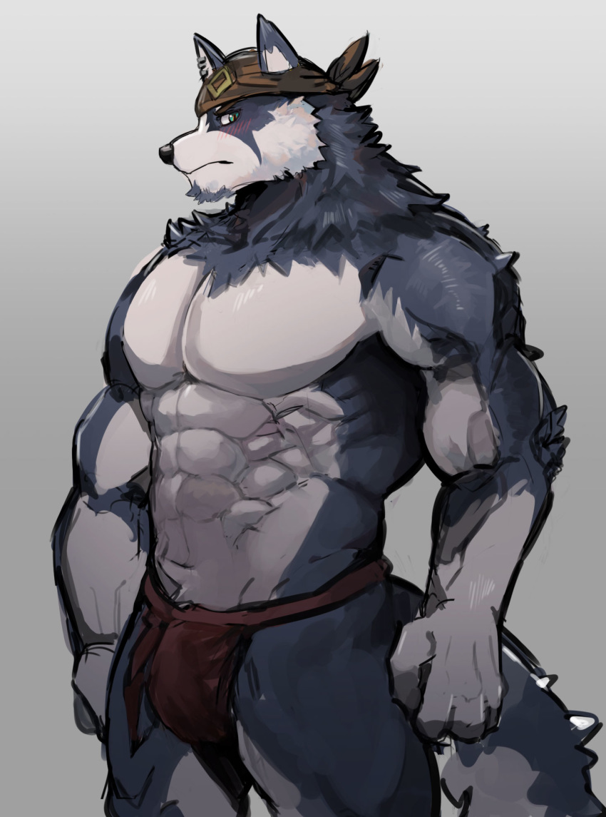 2019 abs anthro bandanna biceps black_nose blush bulge canid canine canis domestic_dog fur green_eyes hi_res husky kemo_coliseum male mammal multicolored_body multicolored_fur muscular muscular_male nordic_sled_dog pecs solo spitz stakeho_lder two_tone_body two_tone_fur two_tone_tail volga white_body white_fur