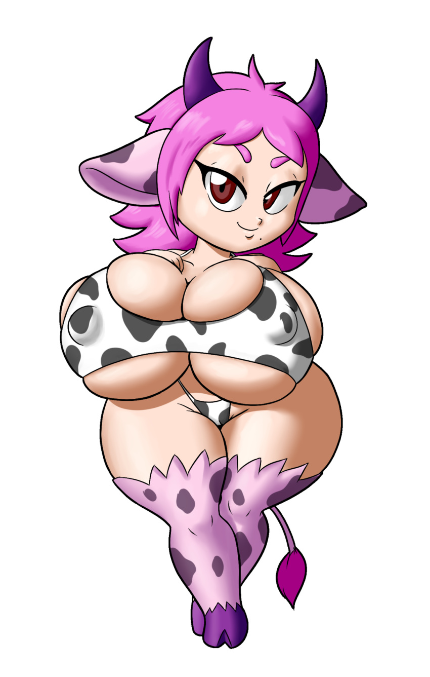 animal_humanoid bedroom_eyes big_breasts big_head bikini bovid bovid_humanoid bovine bovine_humanoid breasts cattle_humanoid clothing cloven_hooves fur hair half-closed_eyes hi_res hooves horn huge_breasts humanoid mammal mammal_humanoid mole_(marking) nipple_outline pink_body pink_fur pink_hair seductive short_stack smile smirk swimwear tansau thick_thighs tight_clothing wide_hips